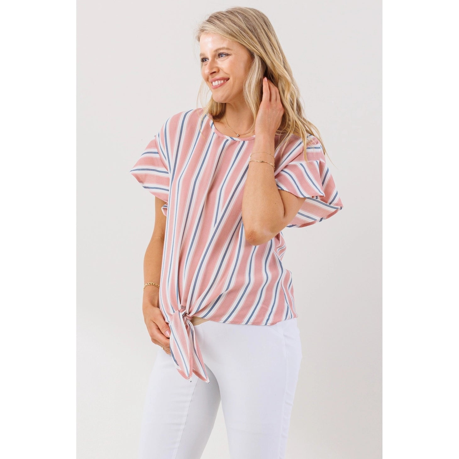 Stripe Flutter Sleeve Blouse - Yo Mama Maternity