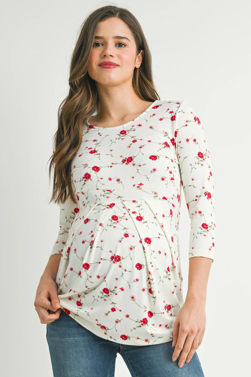 Floral 3/4 Sleeve Pleated Top