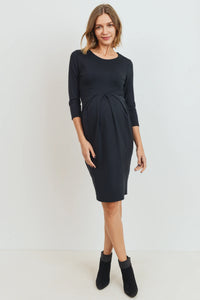 3/4 Slv Round Neck Pleated Dress - Yo Mama Maternity