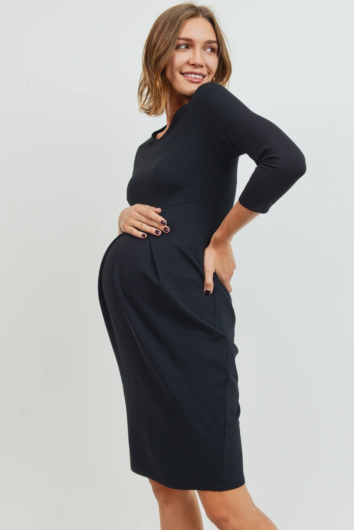3/4 Slv Round Neck Pleated Dress - Yo Mama Maternity