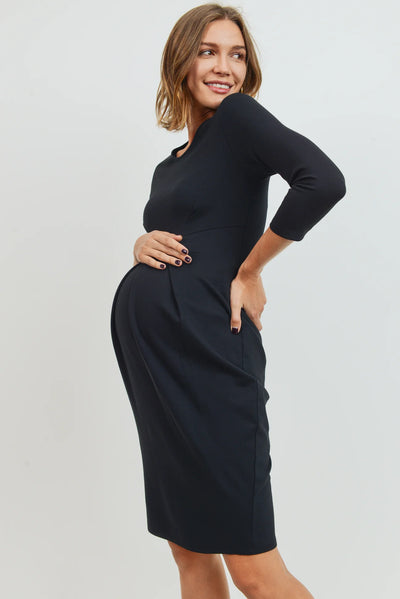 3/4 Slv Round Neck Pleated Dress - Yo Mama Maternity