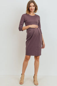 3/4 Slv Round Neck Pleated Dress - Yo Mama Maternity