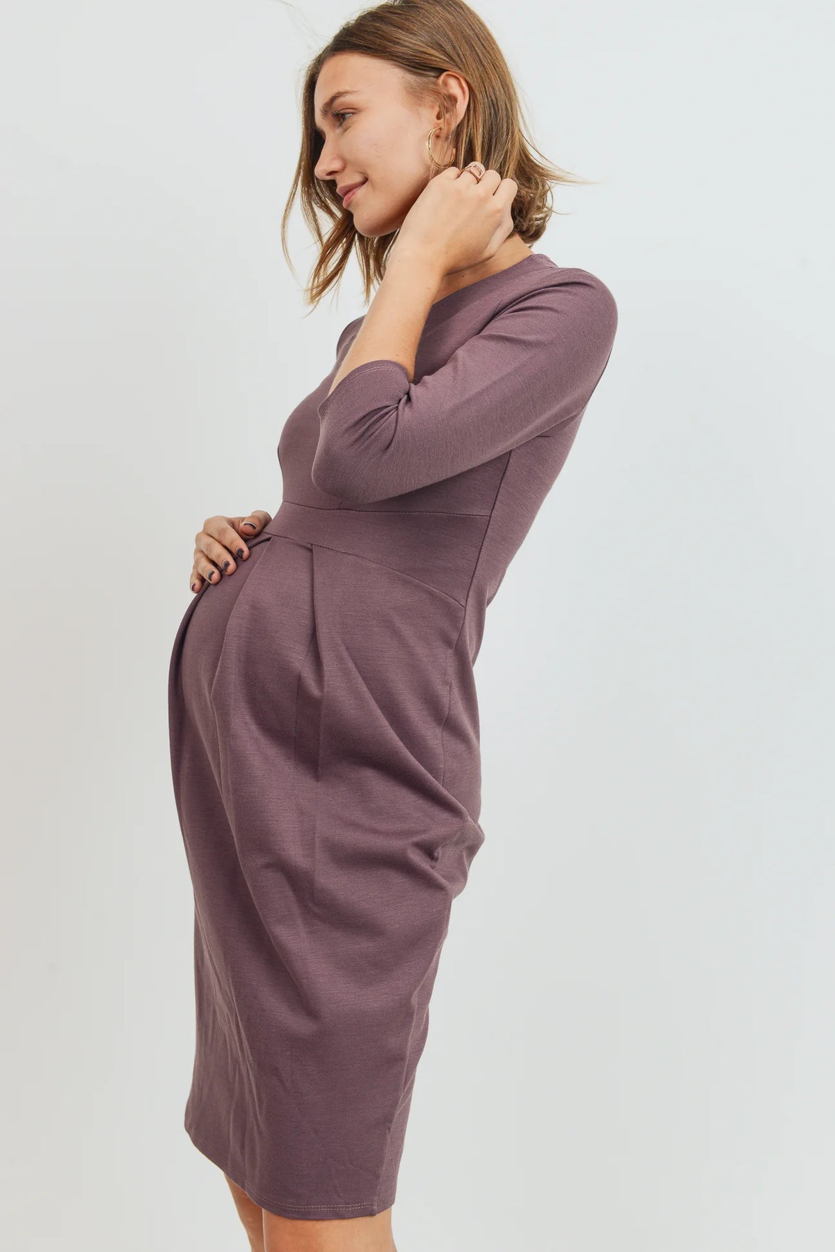 3/4 Slv Round Neck Pleated Dress - Yo Mama Maternity
