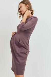 3/4 Slv Round Neck Pleated Dress - Yo Mama Maternity