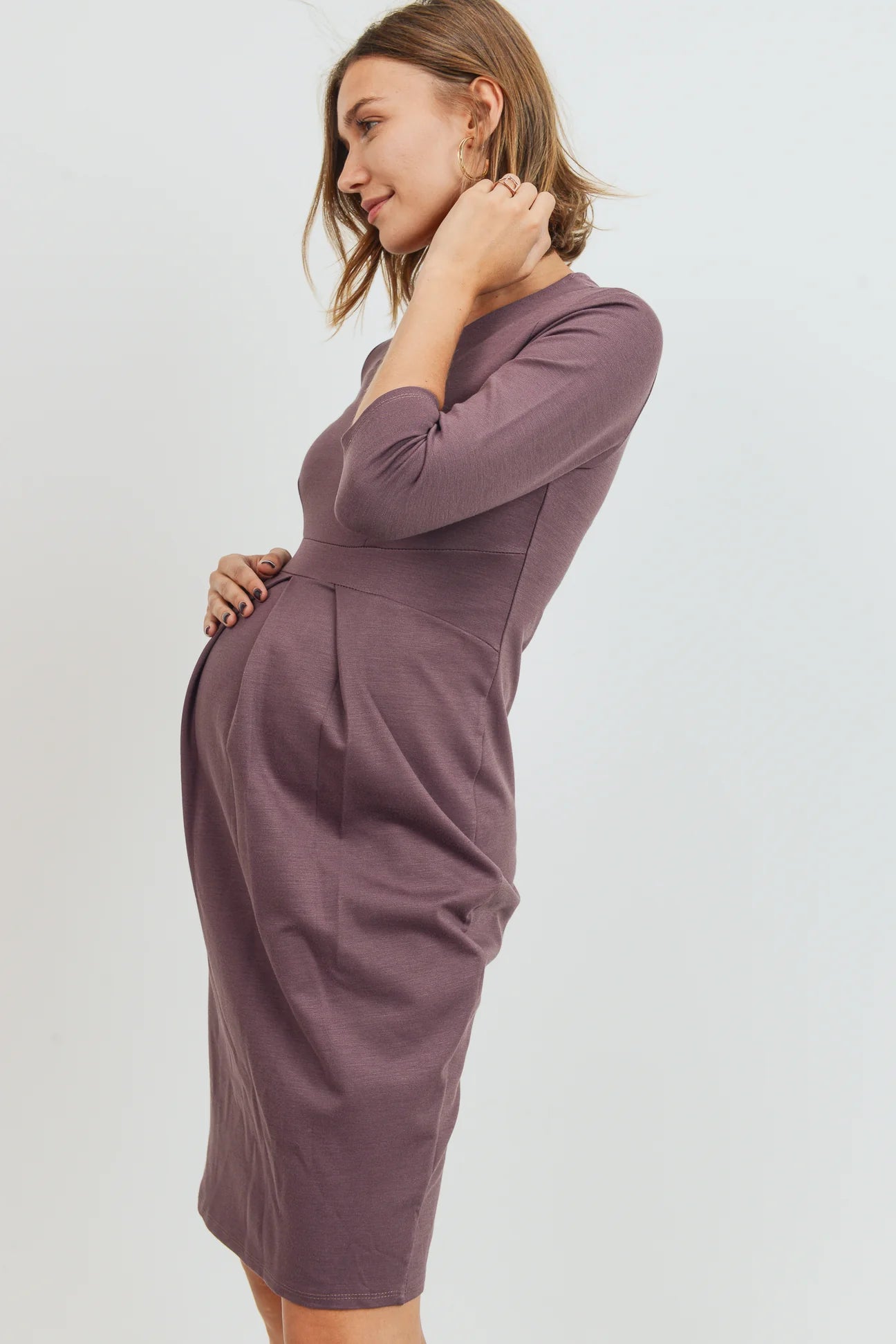 3/4 Slv Round Neck Pleated Dress - Yo Mama Maternity