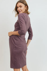 3/4 Slv Round Neck Pleated Dress - Yo Mama Maternity