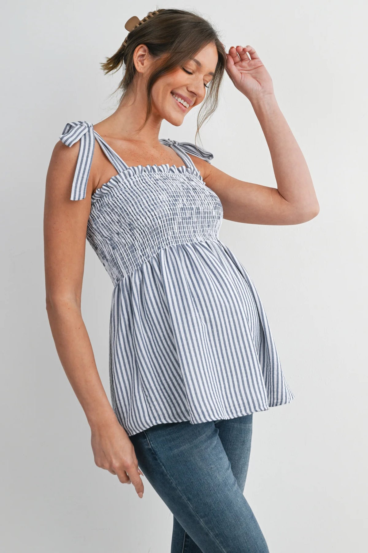 Evie Striped Smocked Shoulder Tie Tank - Yo Mama Maternity
