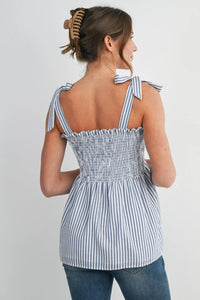 Evie Striped Smocked Shoulder Tie Tank - Yo Mama Maternity