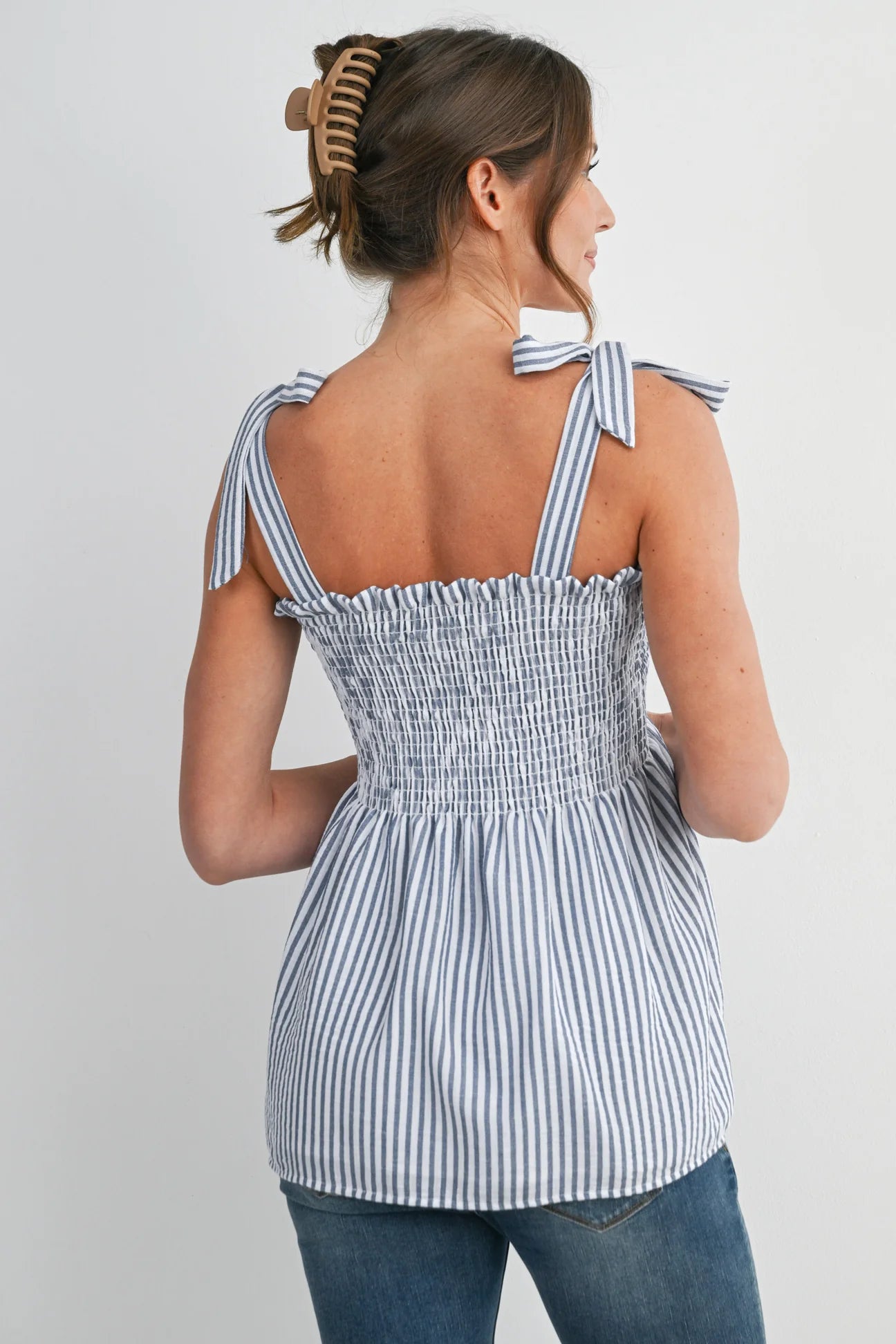 Evie Striped Smocked Shoulder Tie Tank - Yo Mama Maternity