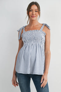 Evie Striped Smocked Shoulder Tie Tank - Yo Mama Maternity