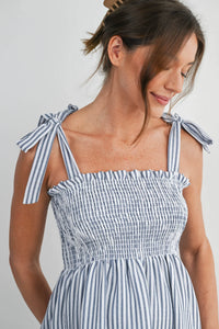 Evie Striped Smocked Shoulder Tie Tank - Yo Mama Maternity