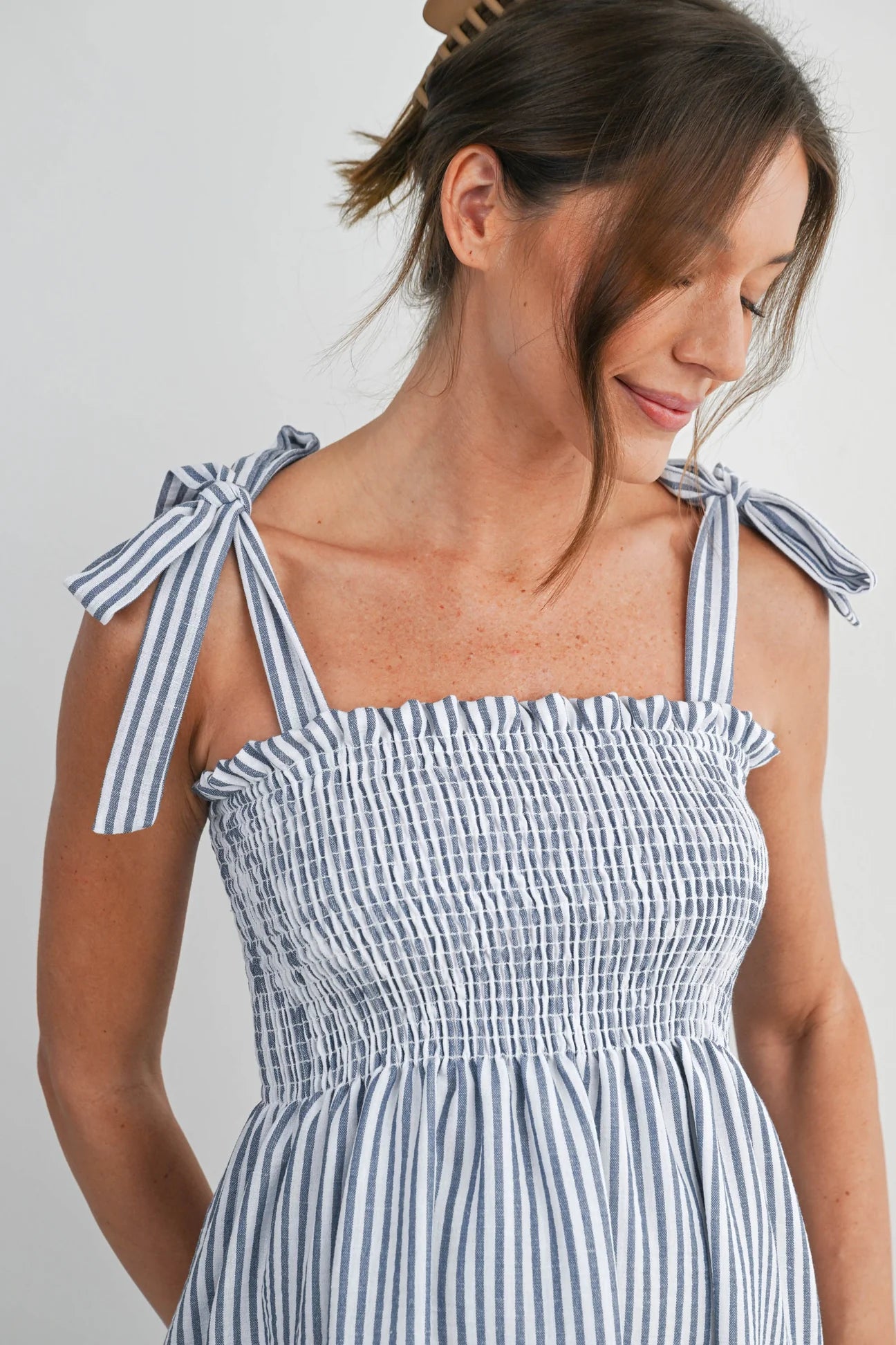 Evie Striped Smocked Shoulder Tie Tank - Yo Mama Maternity
