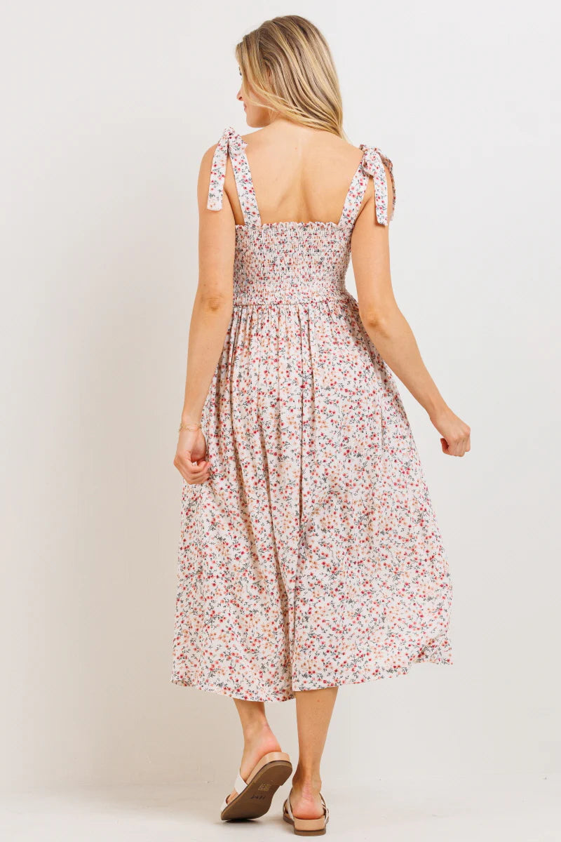 Shoulder Tie Floral Midi Dress