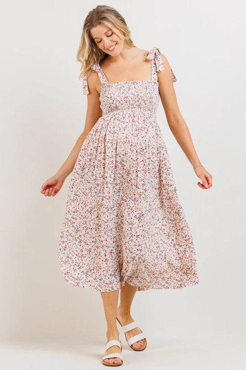 Shoulder Tie Floral Midi Dress