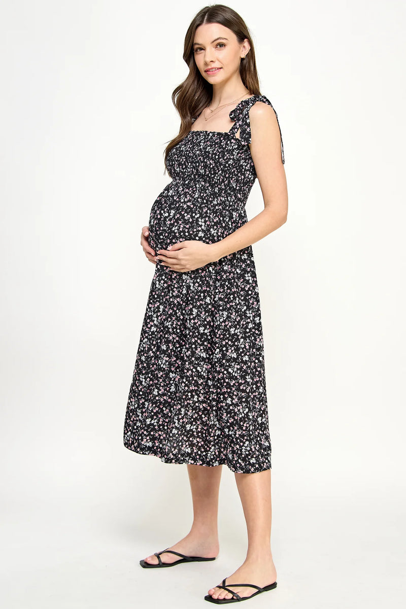 Shoulder Tie Floral Midi Dress - Yo Mama Maternity