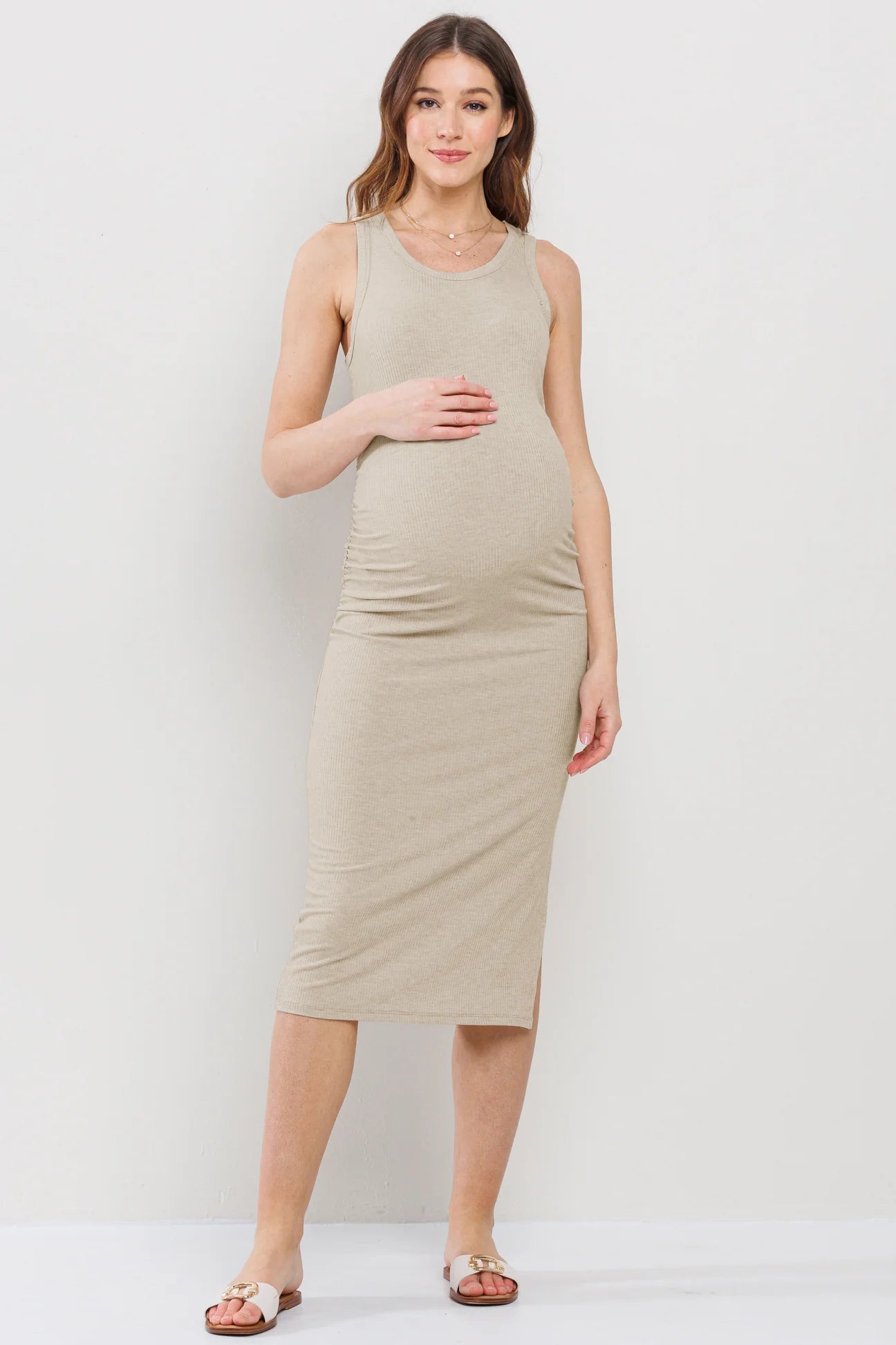 Jenna Ribbed Tank Dress W/ Ruching - Yo Mama Maternity