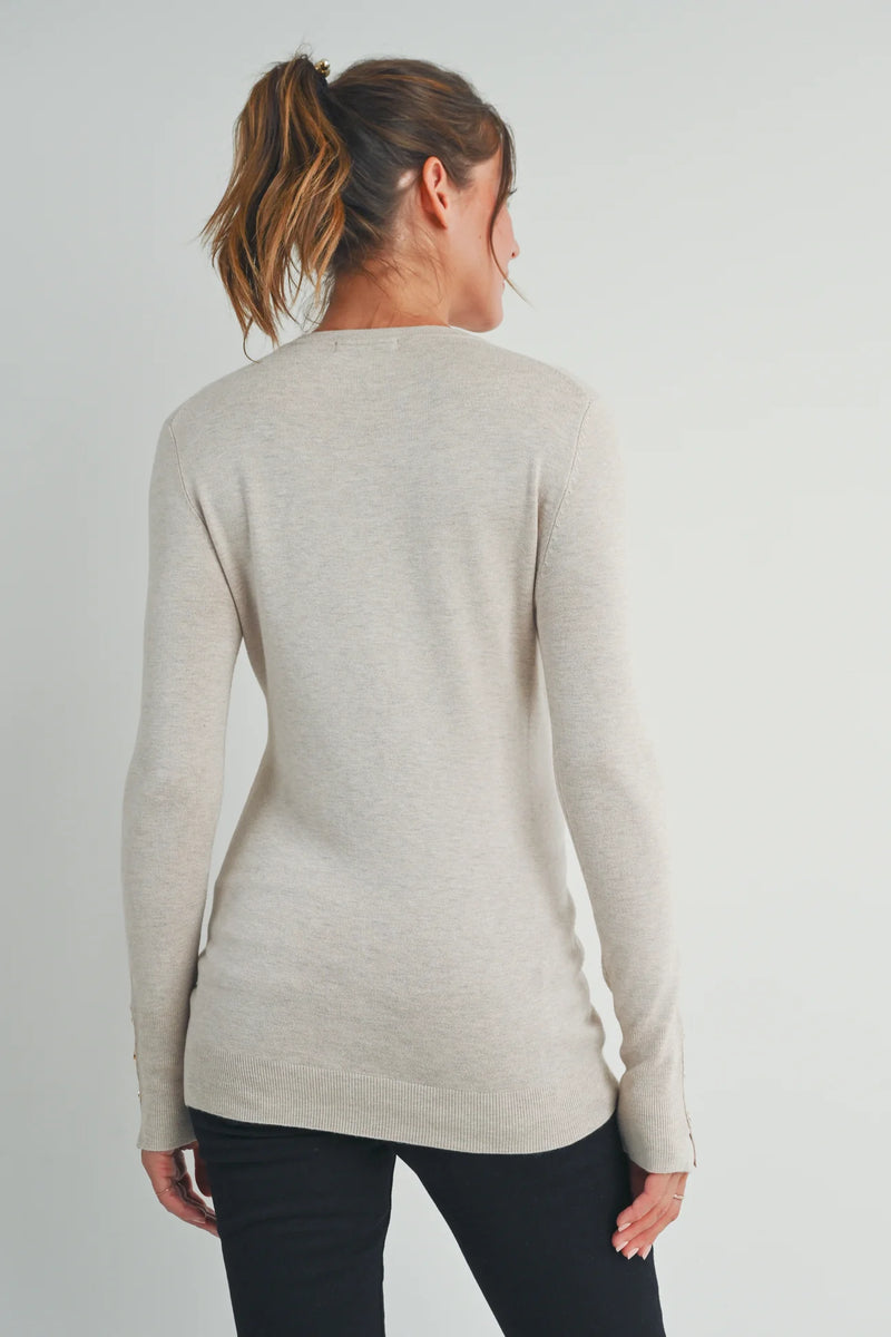 Crew Neck Knit W/Button Sleeve