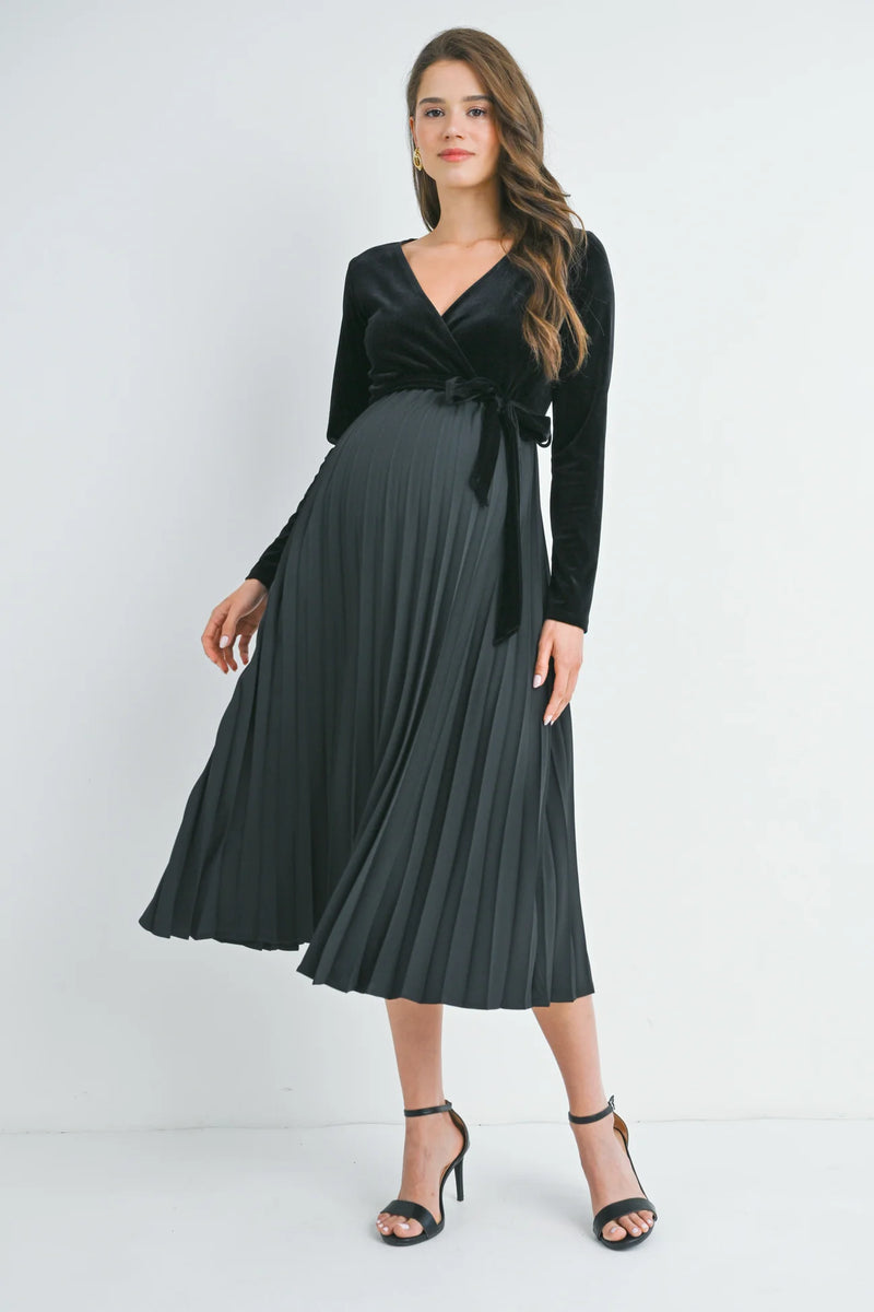 V-Neck Wrap Pleated Dress