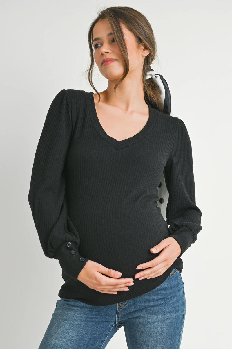 Ribbed LS V-Neck Top