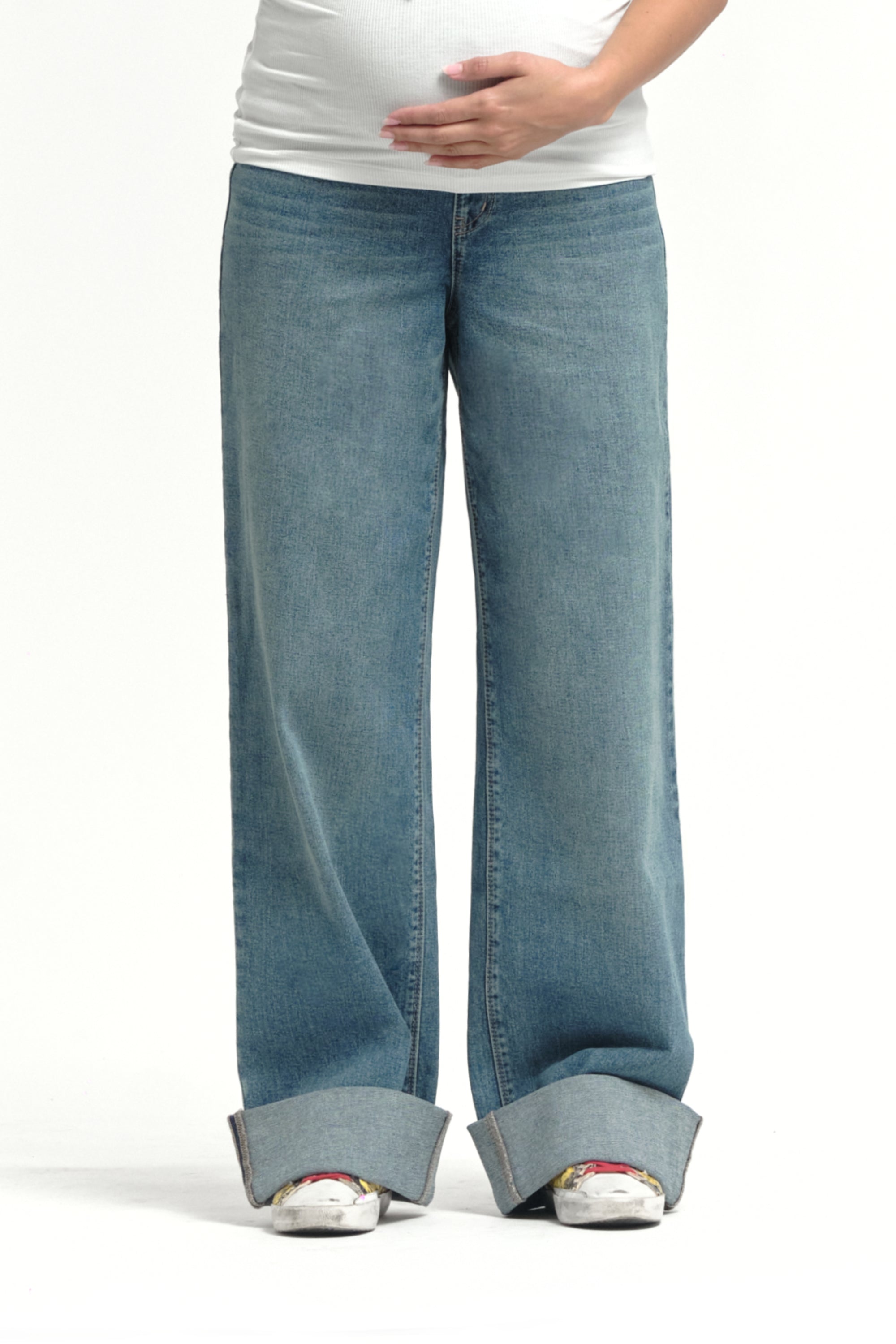 Over Bump Wide Leg Denim w/ Cuff - Yo Mama Maternity
