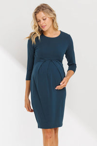 3/4 Slv Round Neck Pleated Dress - Yo Mama Maternity