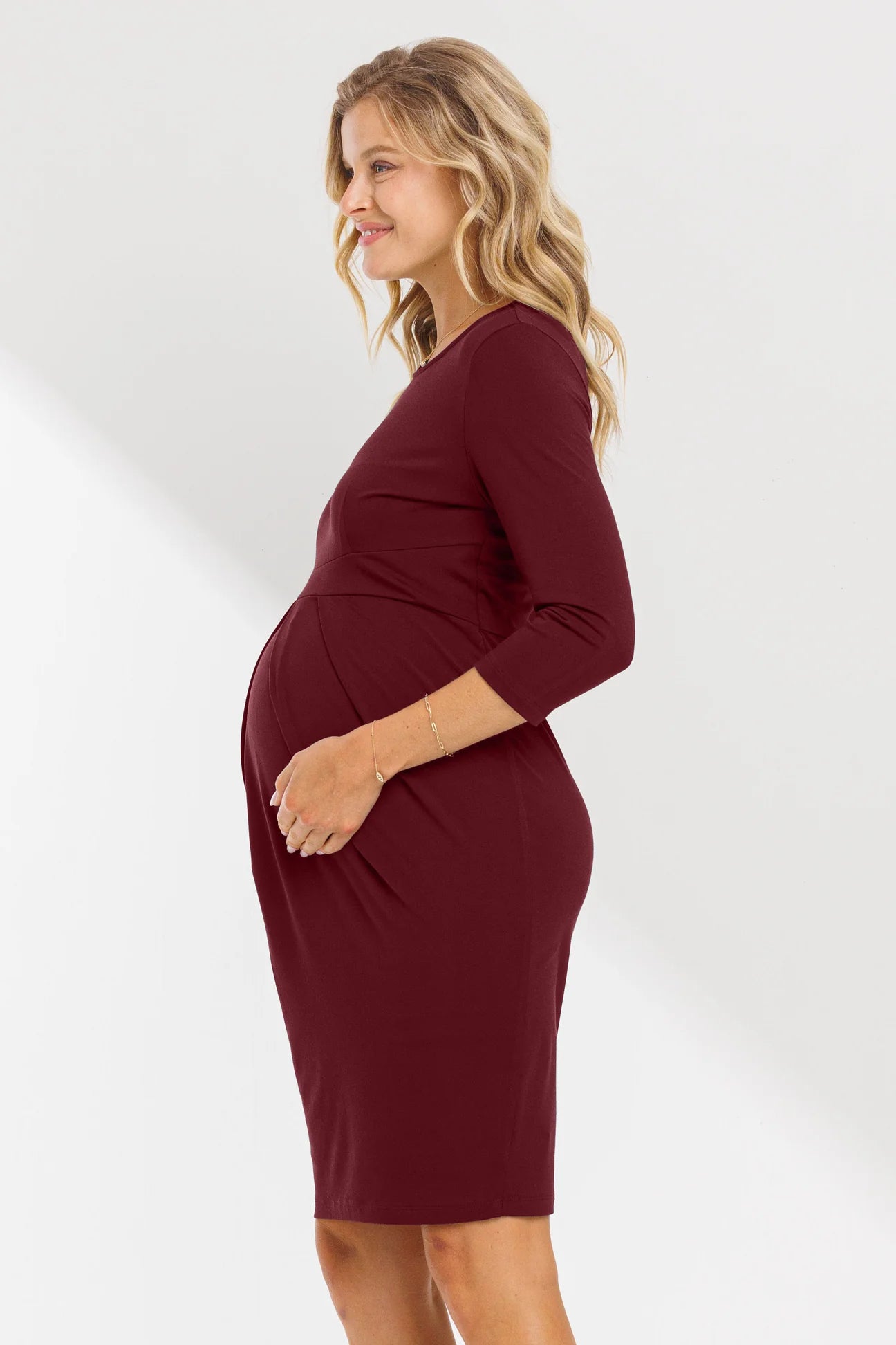 3/4 Slv Round Neck Pleated Dress - Yo Mama Maternity
