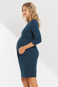 3/4 Slv Round Neck Pleated Dress - Yo Mama Maternity