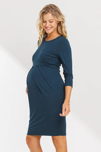 3/4 Slv Round Neck Pleated Dress - Yo Mama Maternity