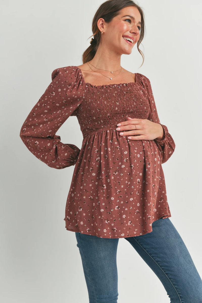 Indie Smocked Floral LS Blouse - Yo Mama Maternity