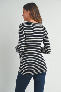 Round Neck Stripe Button Tee