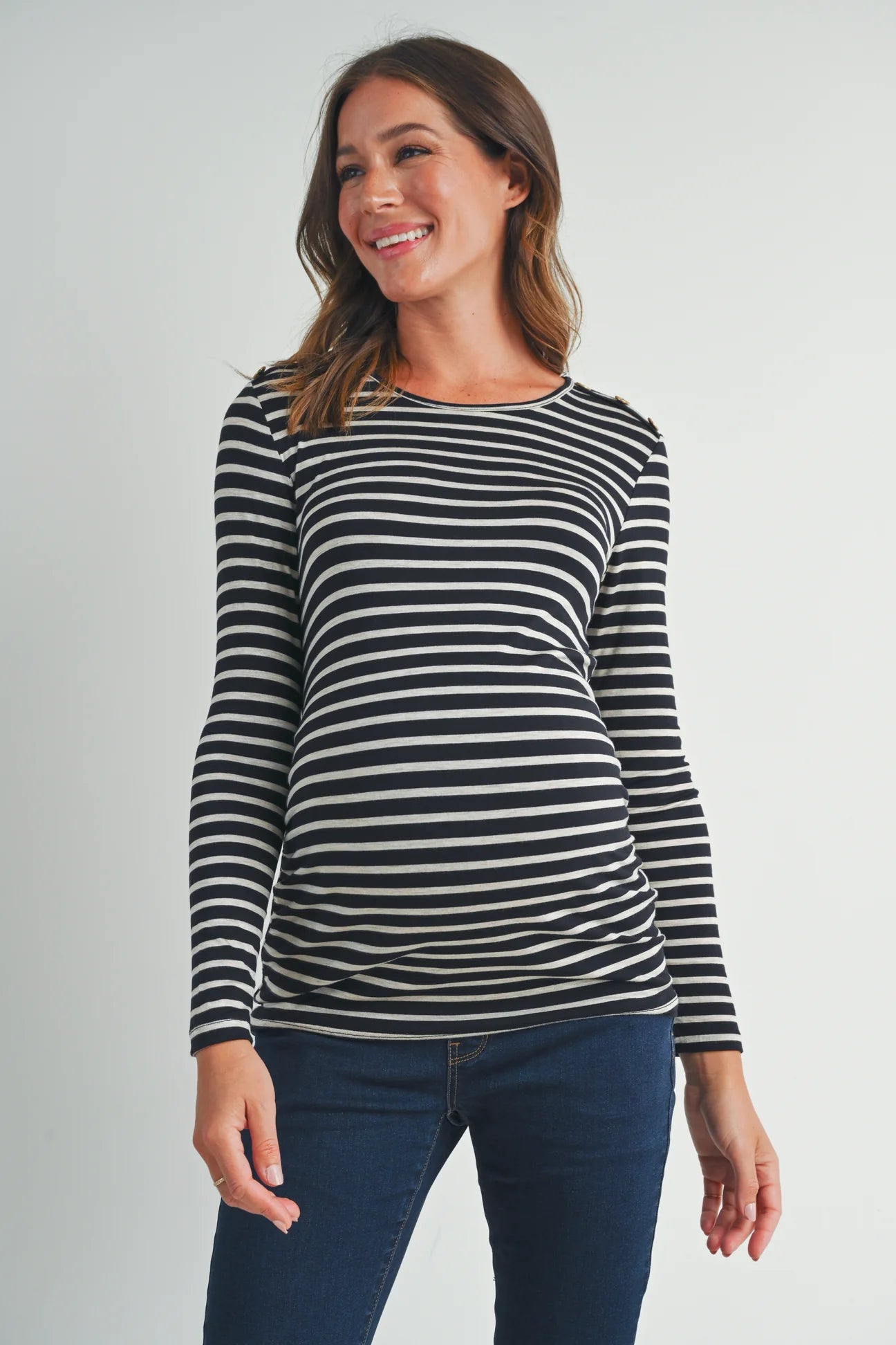 Round Neck Stripe Button Tee