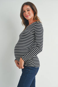 Round Neck Stripe Button Tee