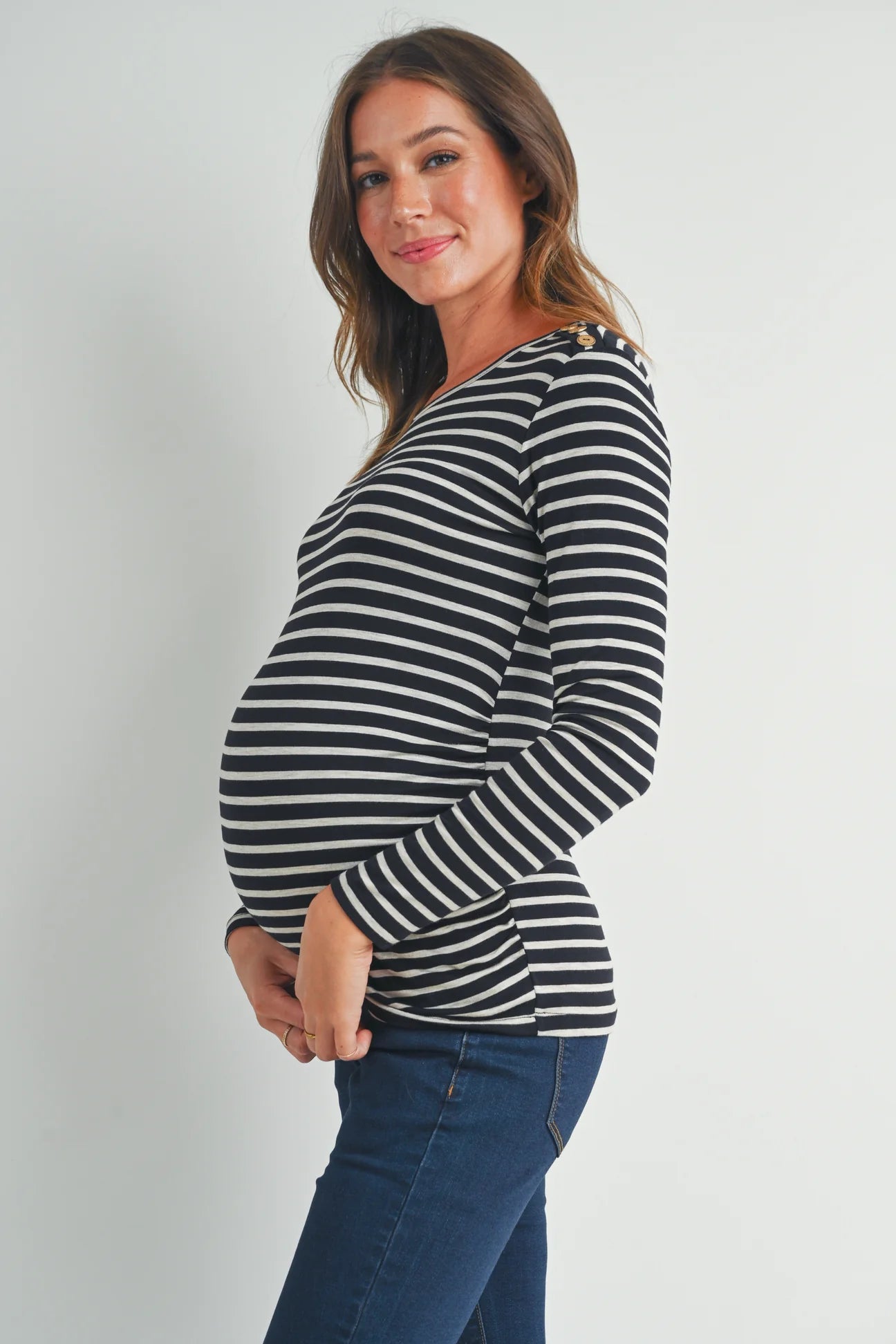 Round Neck Stripe Button Tee