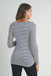Round Neck Stripe Button Tee