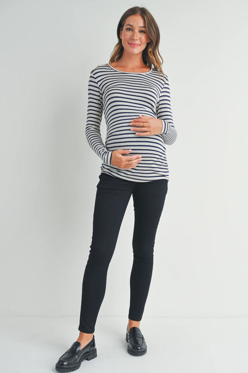 Round Neck Stripe Button Tee