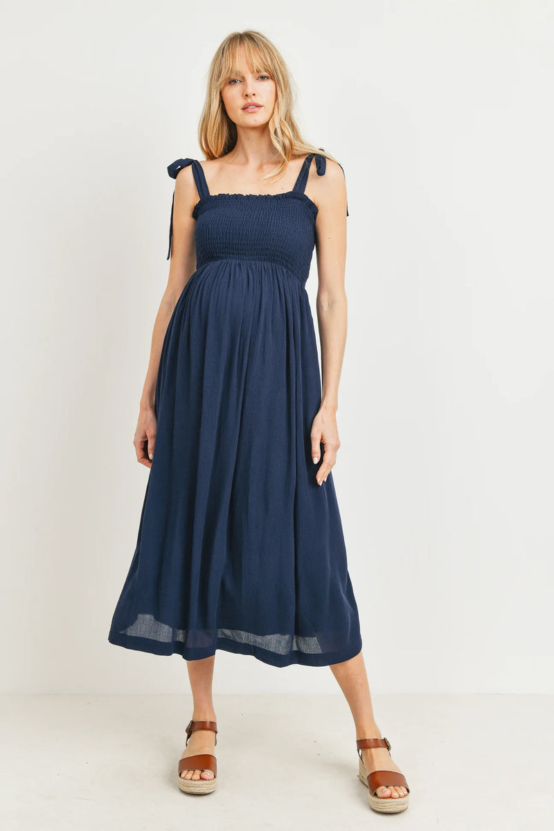 Shoulder Tie Midi Dress W/ Smocked Top - Yo Mama Maternity