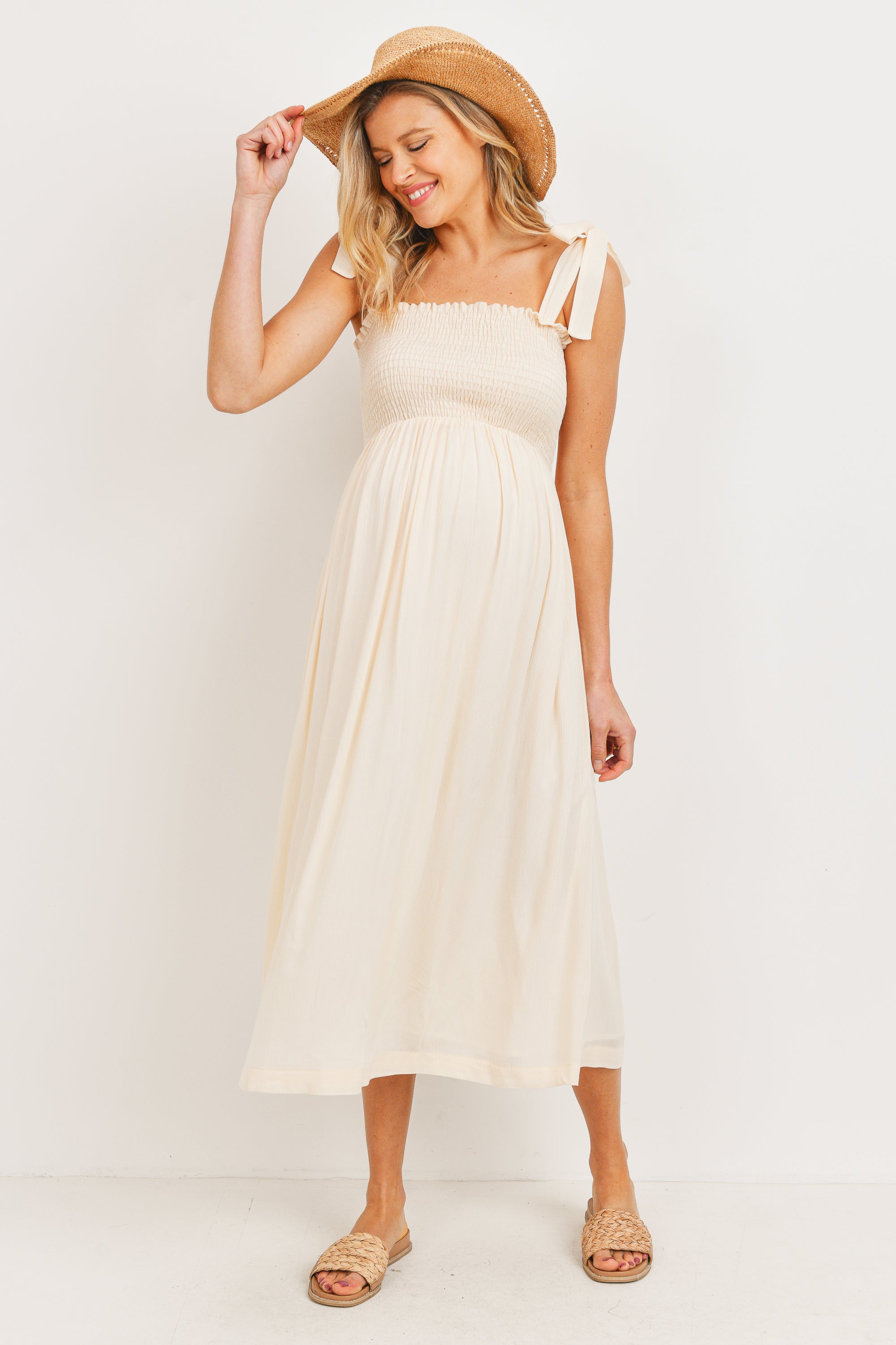 Shoulder Tie Midi Dress W/ Smocked Top - Yo Mama Maternity