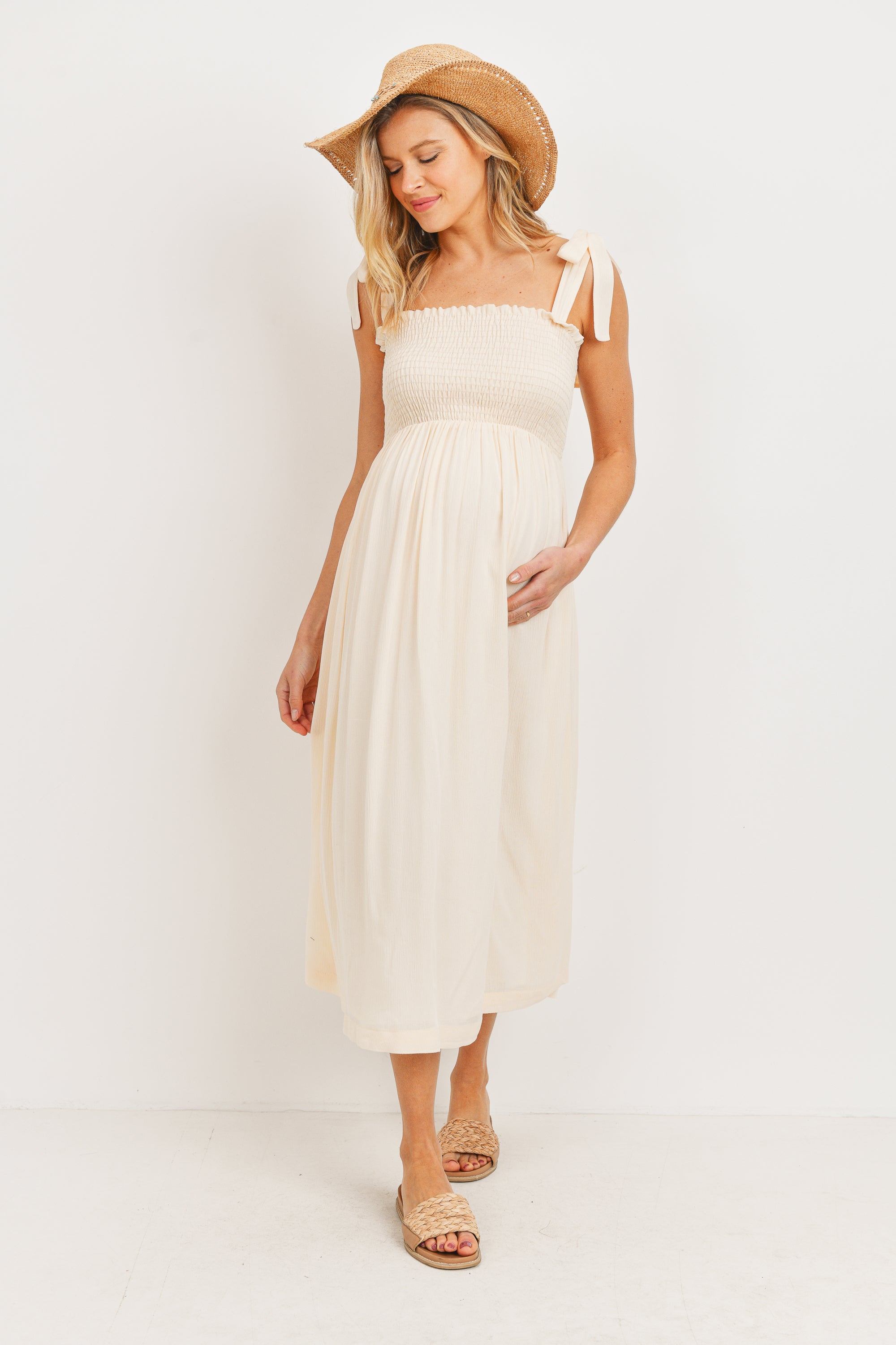 Shoulder Tie Midi Dress W/ Smocked Top - Yo Mama Maternity