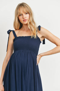 Shoulder Tie Midi Dress W/ Smocked Top - Yo Mama Maternity