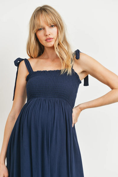 Shoulder Tie Midi Dress W/ Smocked Top - Yo Mama Maternity