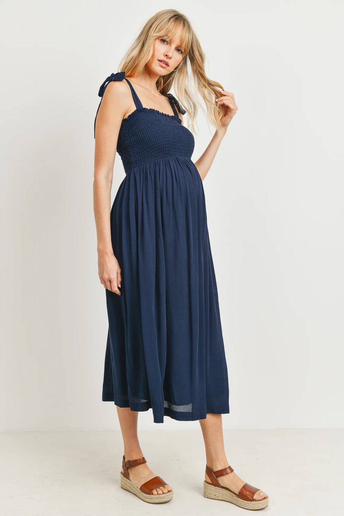 Shoulder Tie Midi Dress W/ Smocked Top - Yo Mama Maternity