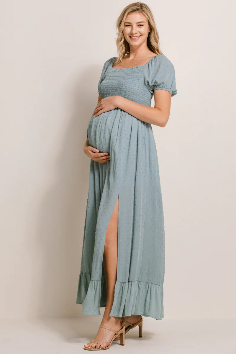 Swiss Dot Puff Sleeve Maxi - Yo Mama Maternity