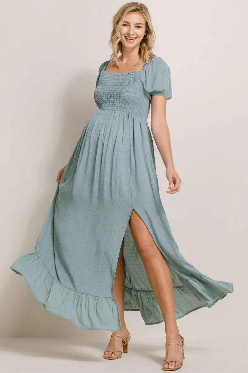 Swiss Dot Puff Sleeve Maxi - Yo Mama Maternity
