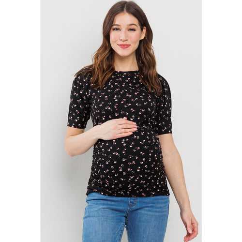 Floral Puff Sleeve Ribbed Tee - Yo Mama Maternity