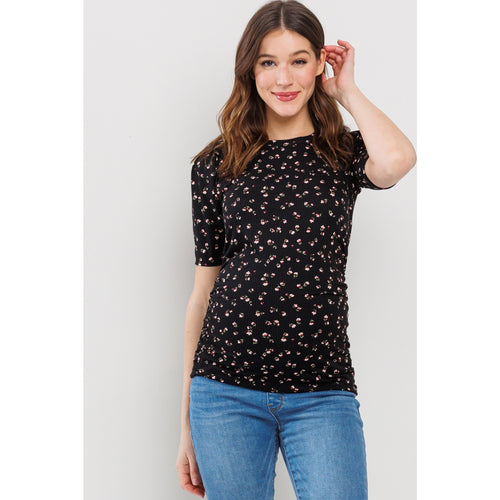 Floral Puff Sleeve Ribbed Tee - Yo Mama Maternity